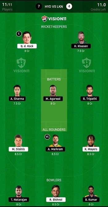 SRH vs LKN Fantasy Team