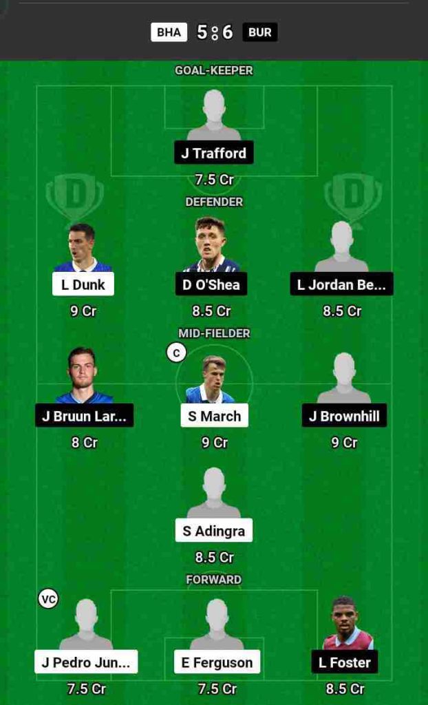 BHA vs BUR Dream11 Prediction Today Football Match.