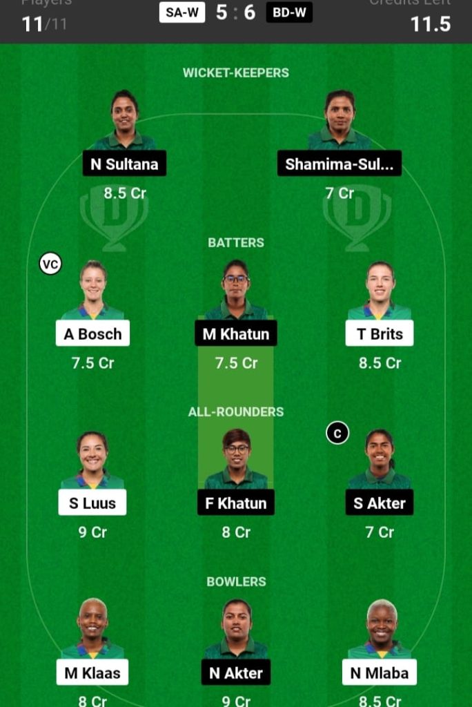 SA W vs BD W Dream11 Prediction Fantasy Expert Cricket Team: Bangladesh Women tour of South Africa 2023