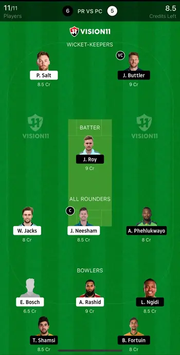 PR vs PRC Dream11 Prediction Today Match PR vs PRC Dream11 Fantasy Expert Cricket Team SA T20 League 2024