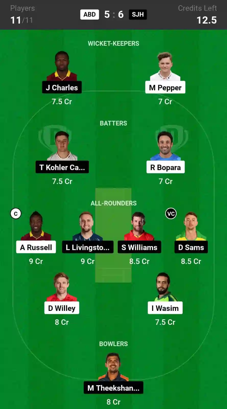 ABD vs SJH Dream11 Prediction