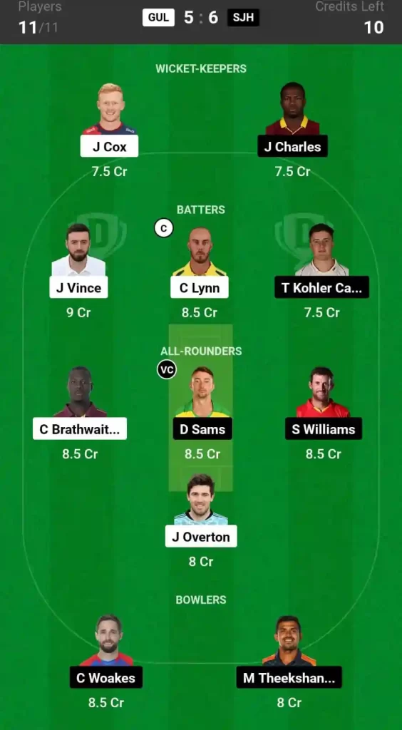 GUL vs SJH Dream11 Prediction