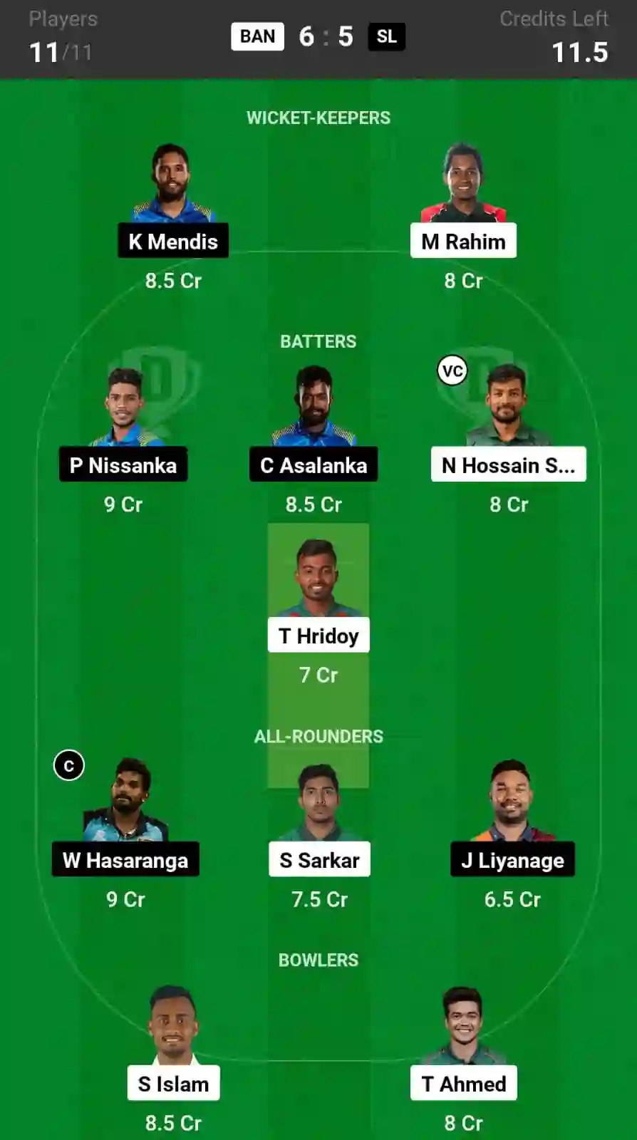 BAN vs SL Dream11 Prediction