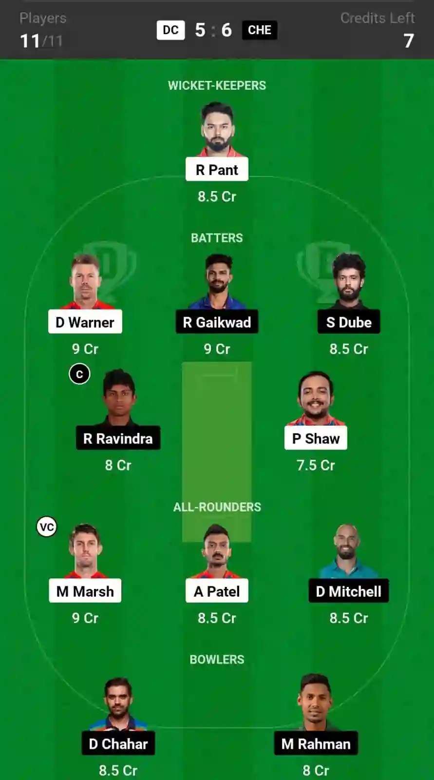 DC vs CHE Dream11 Prediction