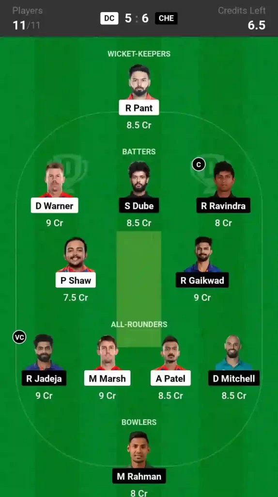 DC vs CSK Dream11 Grand League Prediction