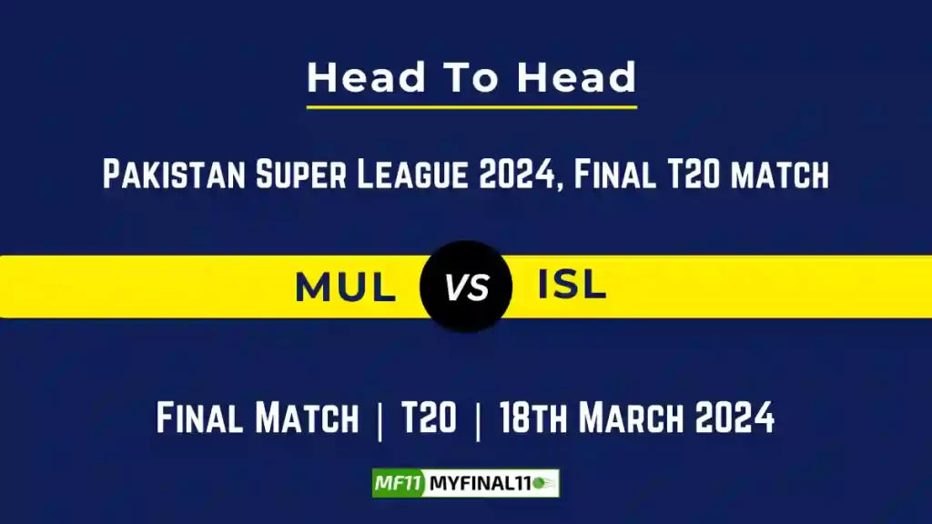 MUL vs ISL Head to Head, MUL vs ISL player records, MUL vs ISL player Battle, and MUL vs ISL Player Stats, MUL vs ISL Top Batsmen & Top Bowlers records for the Upcoming Pakistan Super League 2024, Final Match, which will see Multan Sultans taking on Islamabad United, in this article, we will check out the player statistics, Furthermore, Top Batsmen and top Bowlers, player records, and player records, including their head-to-head records