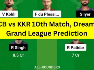 RCB vs KKR 10th Match, Dream11 Grand League Prediction