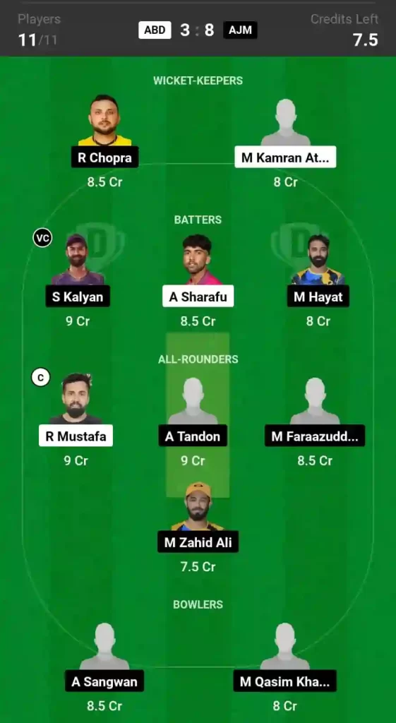 ABD vs AJM Dream11 Prediction, Abu Dhabi vs Ajman Dream11 Team Prediction, 1st Match, Emirates D50, 2024