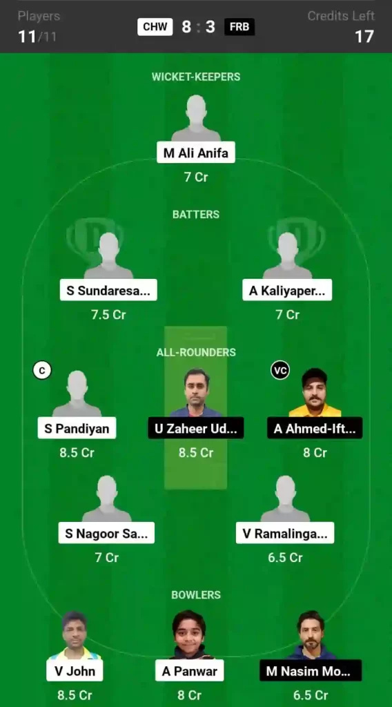 CHW vs FRB Dream11 Prediction & Player Stats, Chennai Warriors vs Friendi Mobile: 58th Match, Kuwait Ramadan T10 Challengers Cup 2024