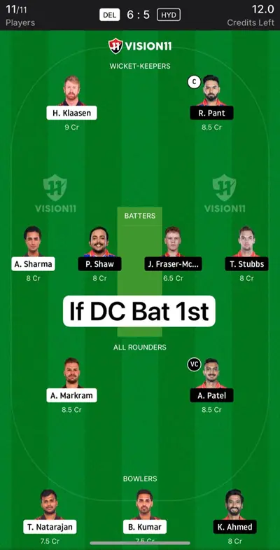 DC vs SRH Dream11 Prediction If DC bat 1st