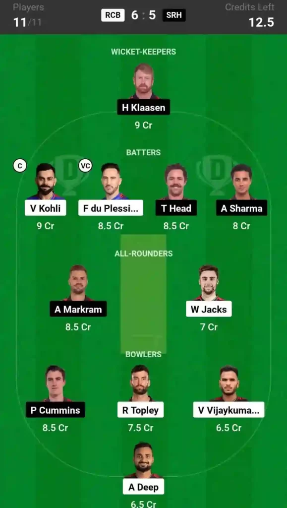 IPL 2024, 30th Match: RCB vs SRH Dream11 Grand League (GL) Prediction, Trump Pick, Must Have Pick C & VC [15th Apr 2024]