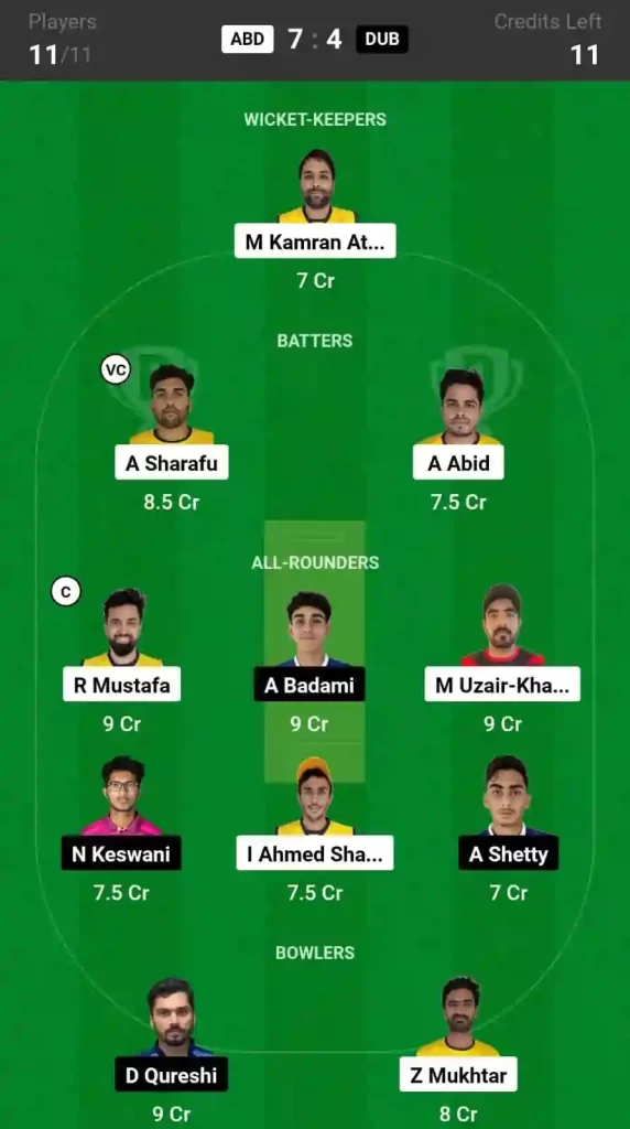 ABD vs DUB Dream11 Prediction, Dream11 Team, Pitch Report & Player Stats, 33rd Match, Emirates D10 Tournament, 2024