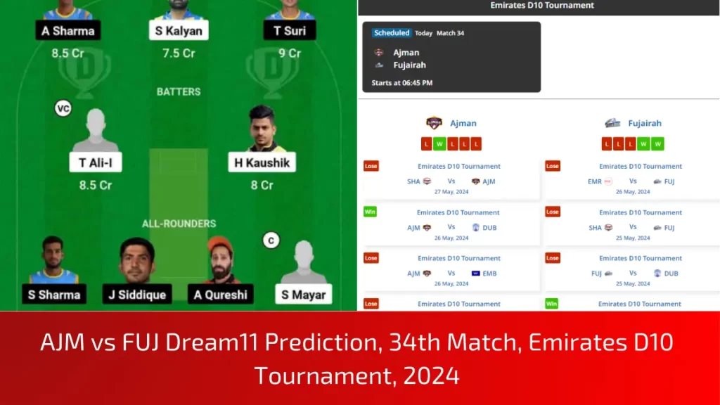 AJM vs FUJ Dream11 Prediction, 34th Match, Emirates D10 Tournament, 2024