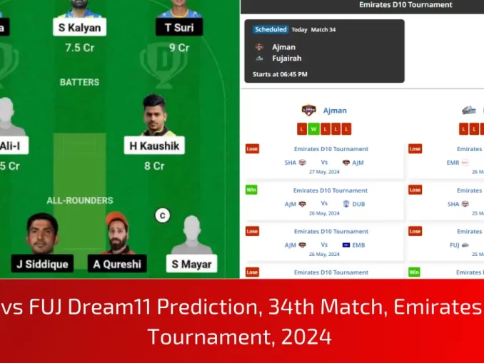 AJM vs FUJ Dream11 Prediction, 34th Match, Emirates D10 Tournament, 2024