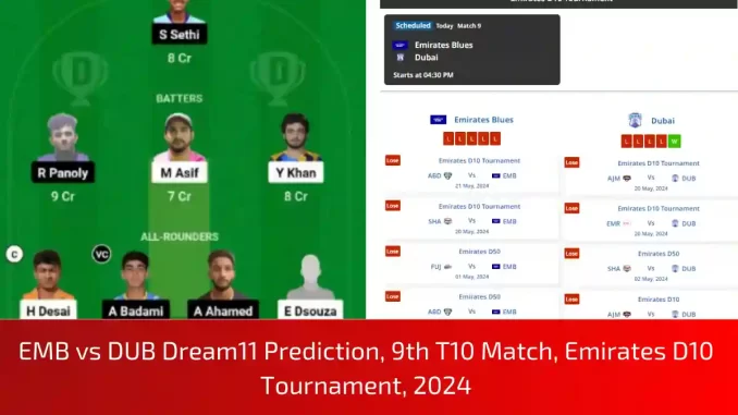 EMB vs DUB Dream11 Prediction, Dream11 Team, Pitch Report & Player Stats, 9th T10 Match, Emirates D10 Tournament, 2024