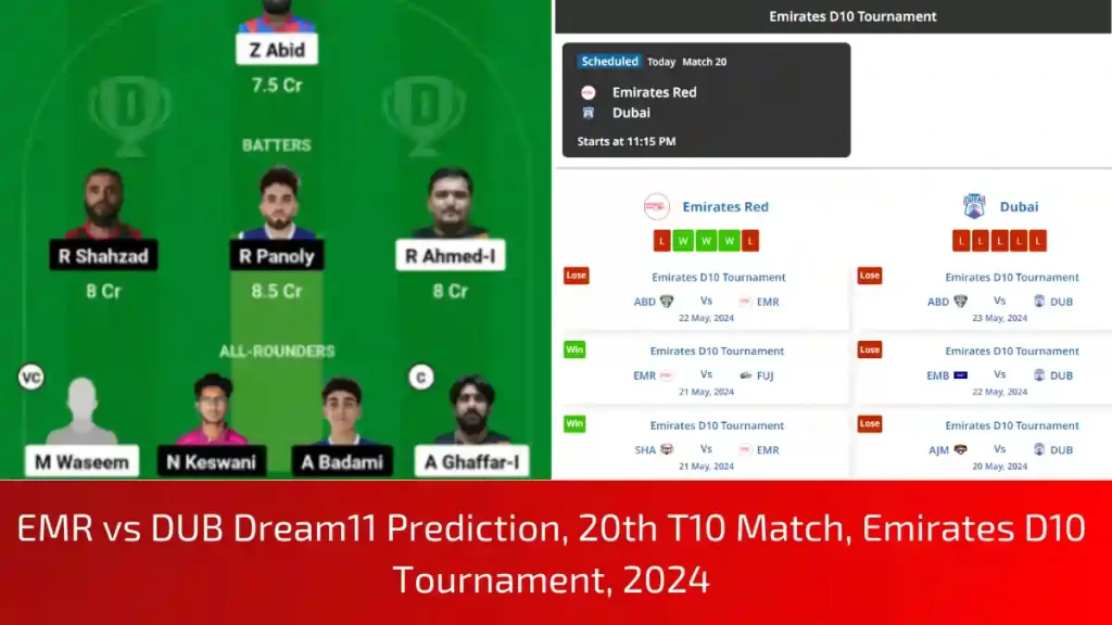 EMR vs DUB Dream11 Prediction, Dream11 Team, Pitch Report & Player Stats, 20th T10 Match, Emirates D10 Tournament, 2024