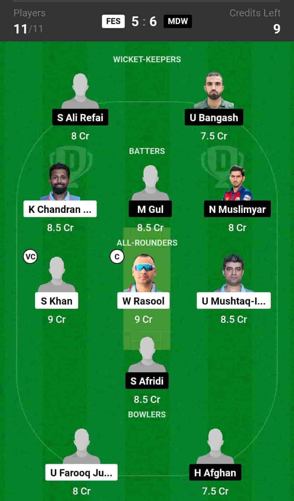 FES vs MDW Dream11 Prediction -  S Khan and W Rasool Will be good option for C & Vc in Your Dream11 Fantasy Team