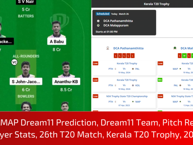 PTH vs MAP Dream11 Prediction, Dream11 Team, Pitch Report & Player Stats, 26th T20 Match, Kerala T20 Trophy, 2024