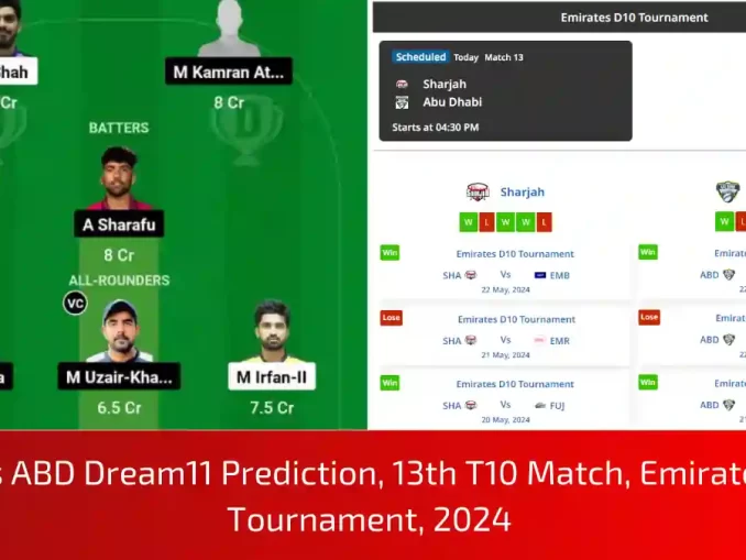 SHA vs ABD Dream11 Prediction, Dream11 Team, Pitch Report & Player Stats, 13th T10 Match, Emirates D10 Tournament, 2024