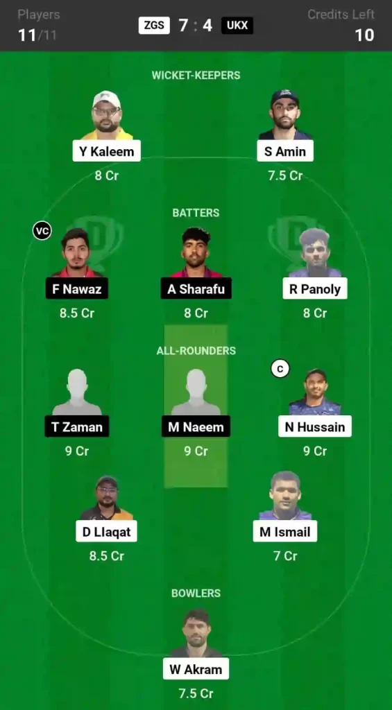 ZGS vs UKX Dream11 Prediction, Player Stats, 34th Match, UAE T20 Bukhatir League 2024