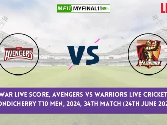 AVE vs WAR Live Score, Pondicherry T10 Men, 2024, 34th Match, Avengers vs Warriors Live Cricket Score & Commentary [24th June 2024]