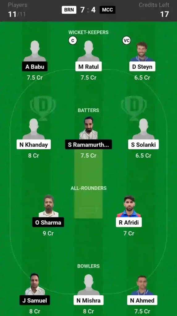 BRN vs MCC Dream11 Prediction, Pitch Report, and Player Stats, 8th Match, ECS T10 Czechia, 2024