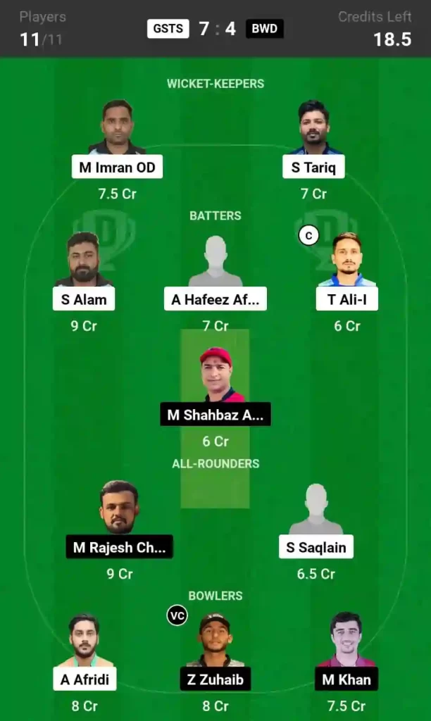 GSTS vs BWD Dream11 Prediction, Pitch Report, and Player Stats, 56th Match, Bukhatir T10 League, 2024