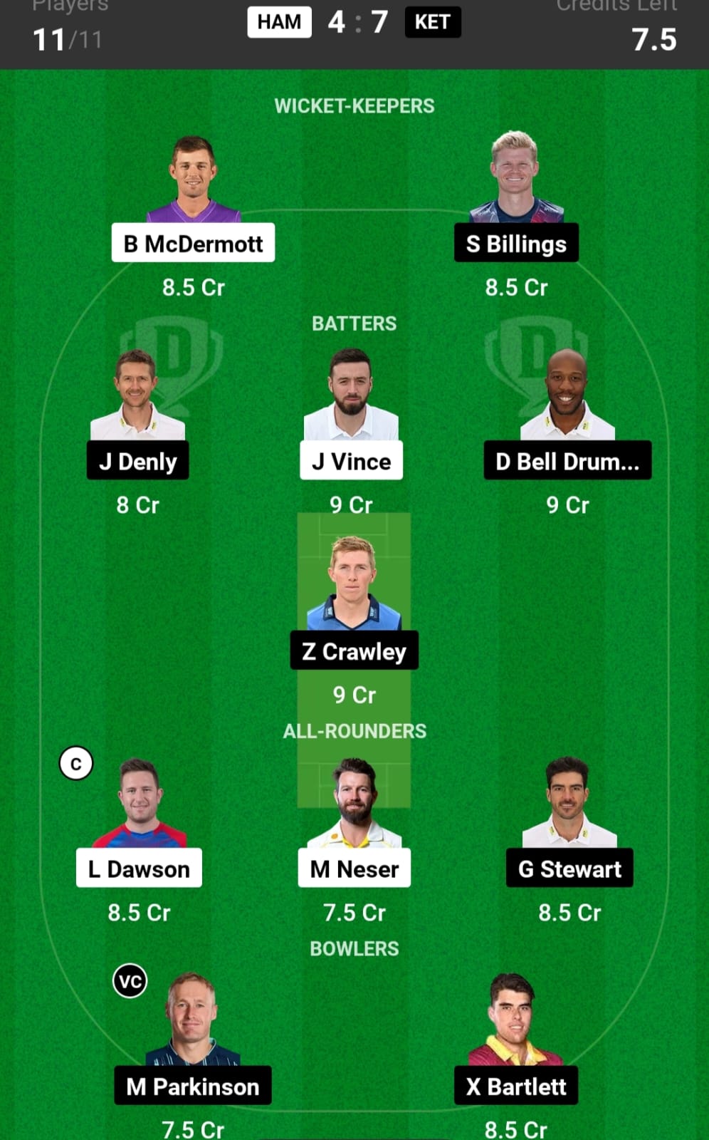 HAM vs KET Dream11 Team Today - Liam Dawson & Matt Parkinson will be the excellent option for C & VC