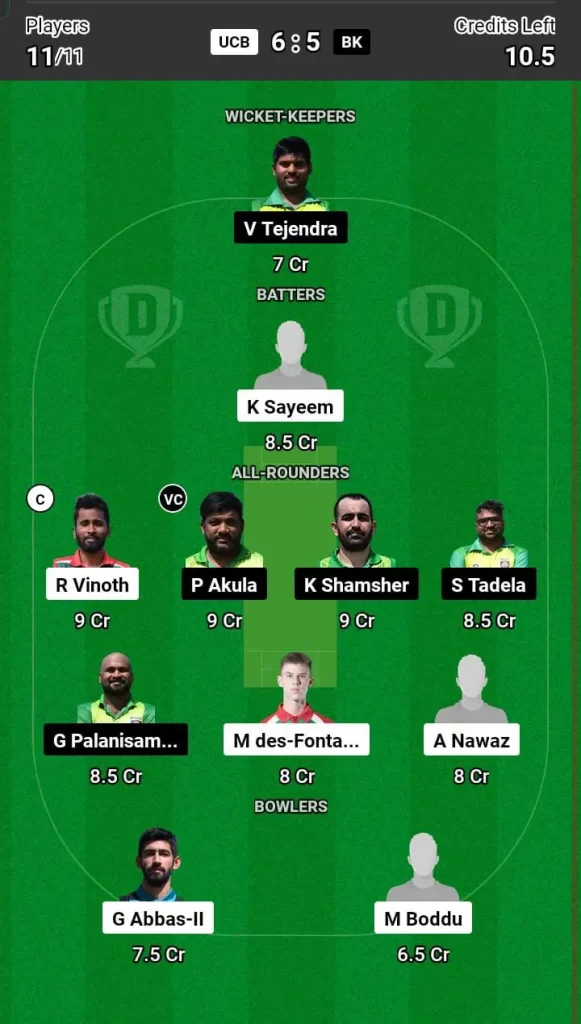 UCB vs KB Dream11 Team Prediction Today Match