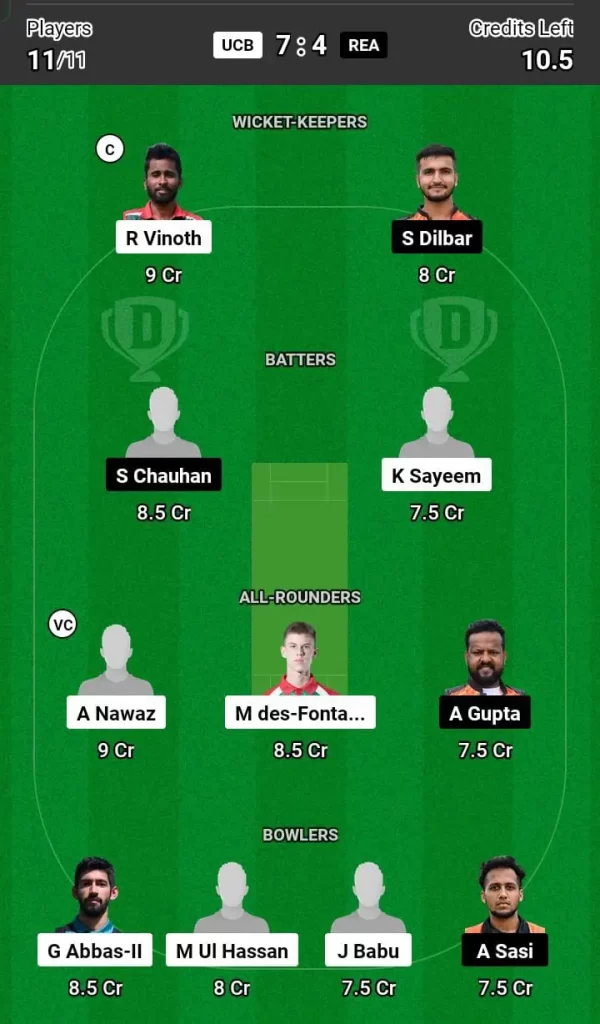 UCB vs REA Dream11 Team Prediction Today Match