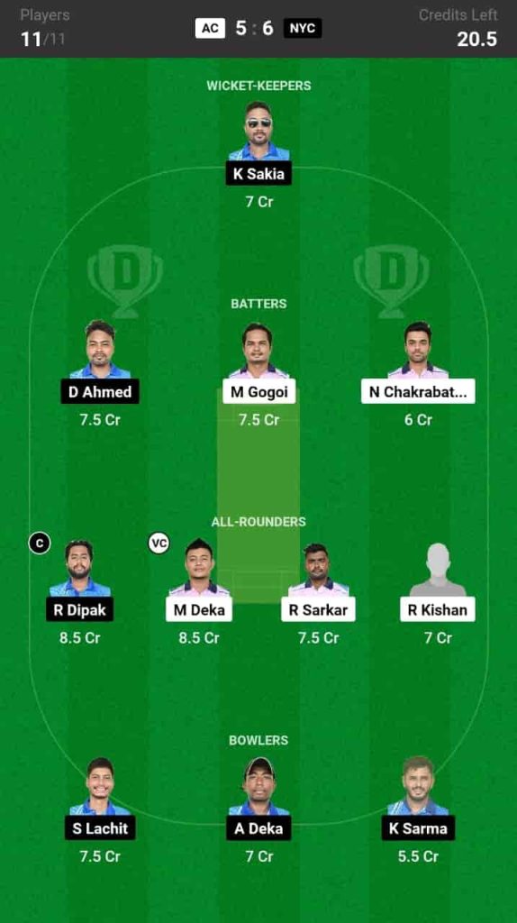 AC vs NYC Dream11 Prediction Match 32 Assam Men's T20 Trophy 2024