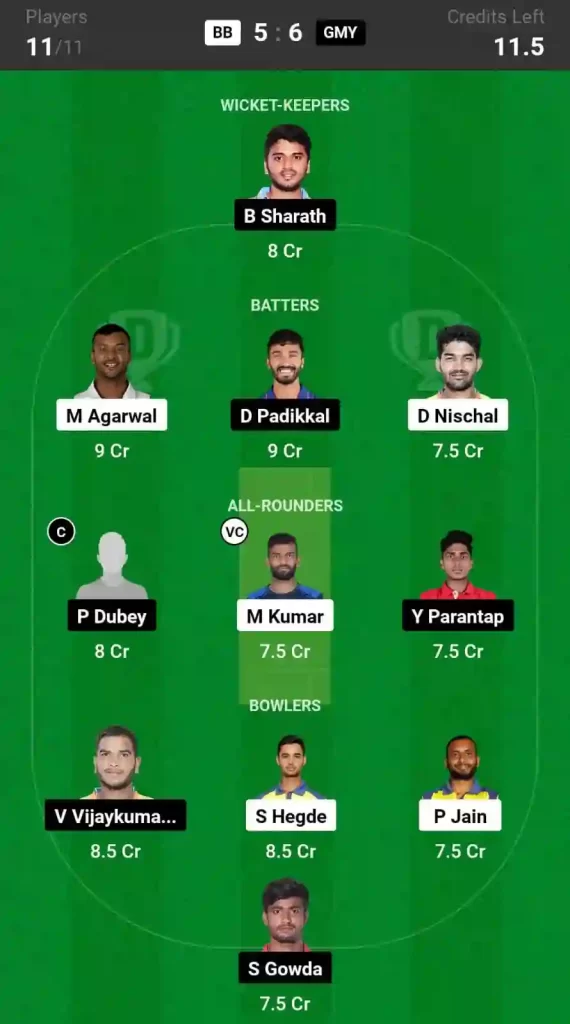 BB vs GMY Dream11 Prediction Today: Match 1 Pitch Report, and Player Stats | Maharaja T20 Trophy, 2024