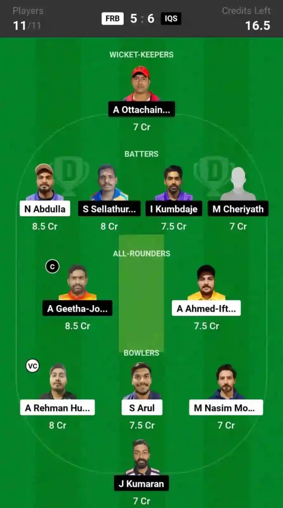 FRB vs IQS Dream11 Prediction Today: Match 18 Pitch Report, and Player Stats | KCC T10 Challengers Cup 2024