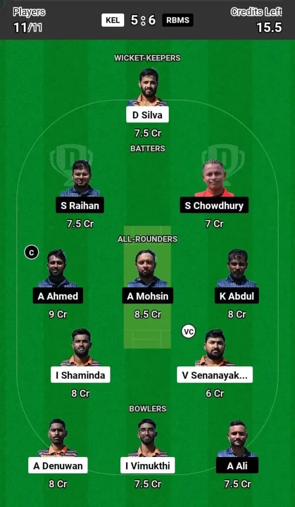 KEL vs RBMS Dream11 Team Prediction Today Match