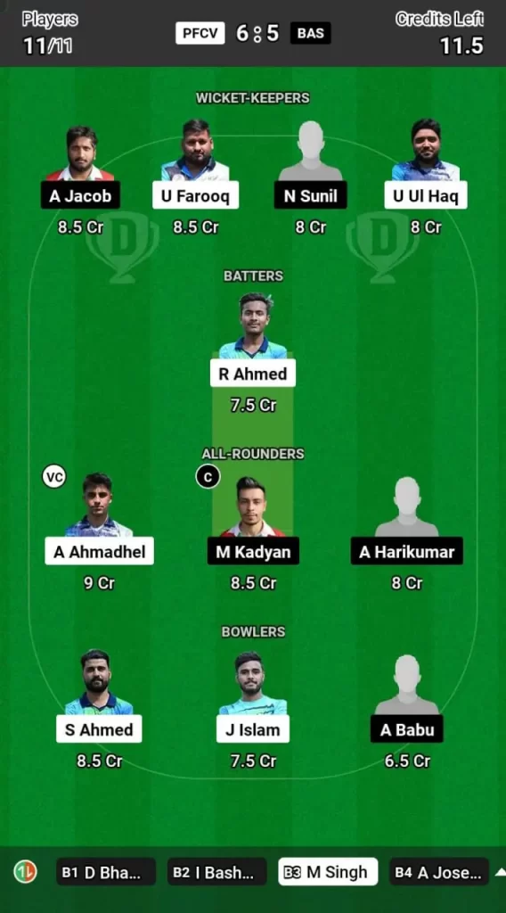 PFCV vs BAS Dream11 Team Prediction Today Match