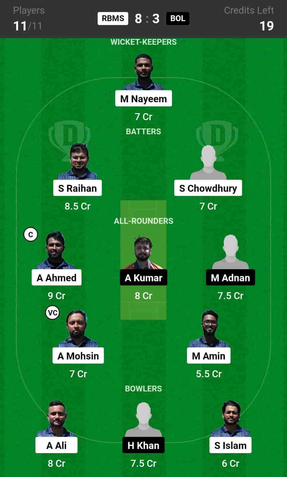 RBMS vs BOL Dream11 Team Prediction