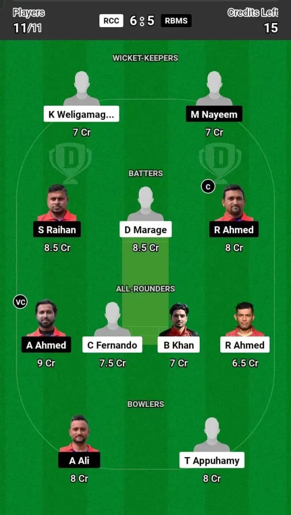 RMC vs RBMS Dream11 Team Prediction Today Match