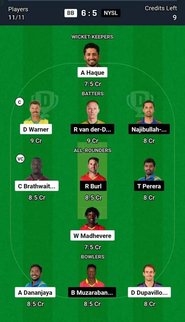 BB vs NYSL Dream11 Team Today Match