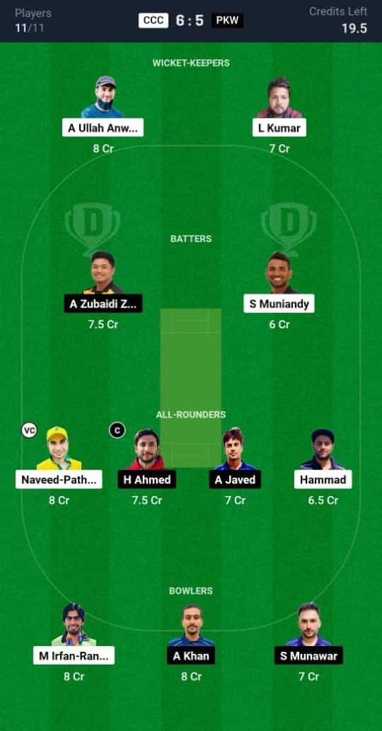 CCC vs PKW Dream11 Prediction Today: Match 18 | Malaysia Grand Rumble T10 Championship 2024