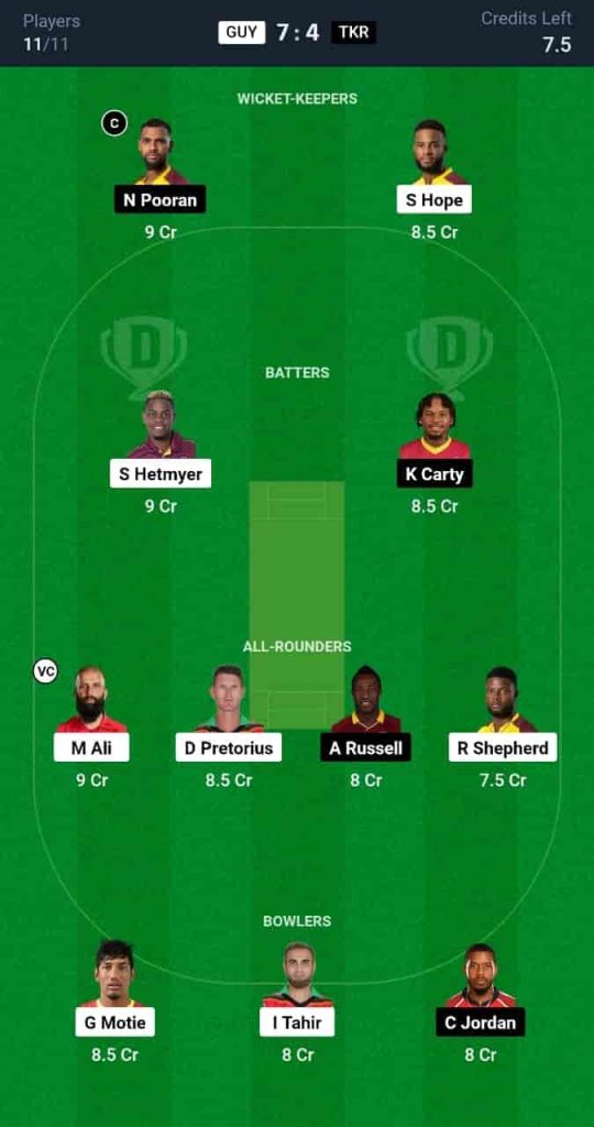 GUY vs TKR Dream11 Prediction Today Match 30 | Republic Bank CPL T20 2024