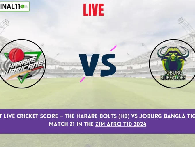 HB vs JBT Live Cricket Score — The Harare Bolts (HB) vs Joburg Bangla Tigers (JBT) Match 21 in the Zim Afro T10 2024 is set for September 27, 2024, 11:00 PM IST, at Harare Sports Club.