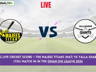 MAT vs YSG Live Cricket Score — The Majees Titans (MAT) vs Yalla Shabab Giants (YSG) Match 34 in the Oman D10 League 2024