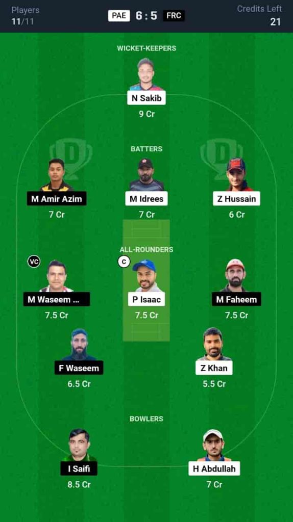 PAE vs FRC Dream11 Prediction Today: Match 19 | Malaysia Grand Rumble T10 Championship 2024