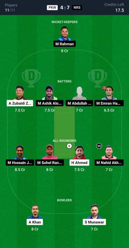 PKW vs NRS Dream11 Prediction Today Match 20 | Malaysia Grand Rumble T10 Championship 2024