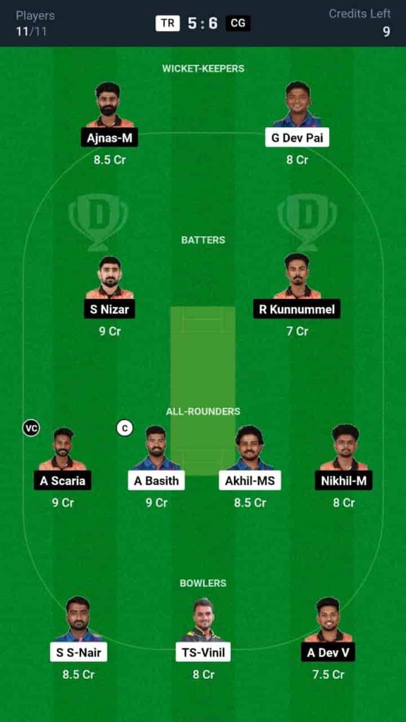 TR vs CG Dream11 Prediction Today Match 27 | Kerala T20 Trophy 2024