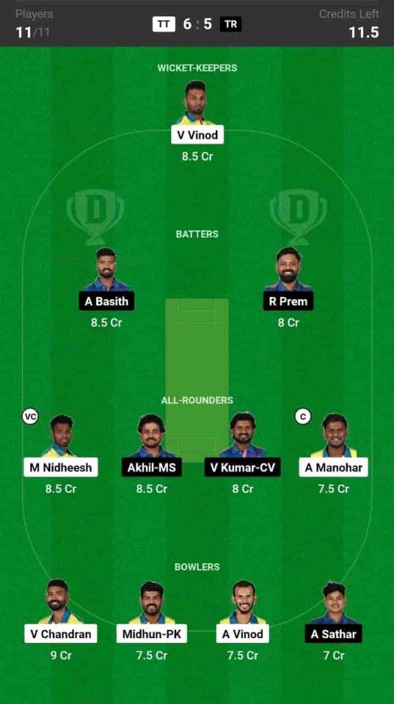 TT vs TR Dream11 Prediction Match 7 Kerala T20 Trophy 2024