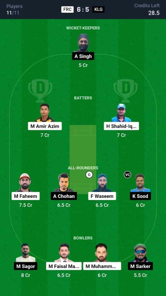 FRC vs KLG Dream11 Prediction Today: Match 23 | Malaysia Grand Rumble T10 Championship 2024