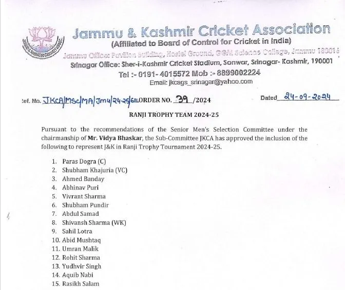 Jammu and Kashmir Squad for Ranji Trophy 2024-25: