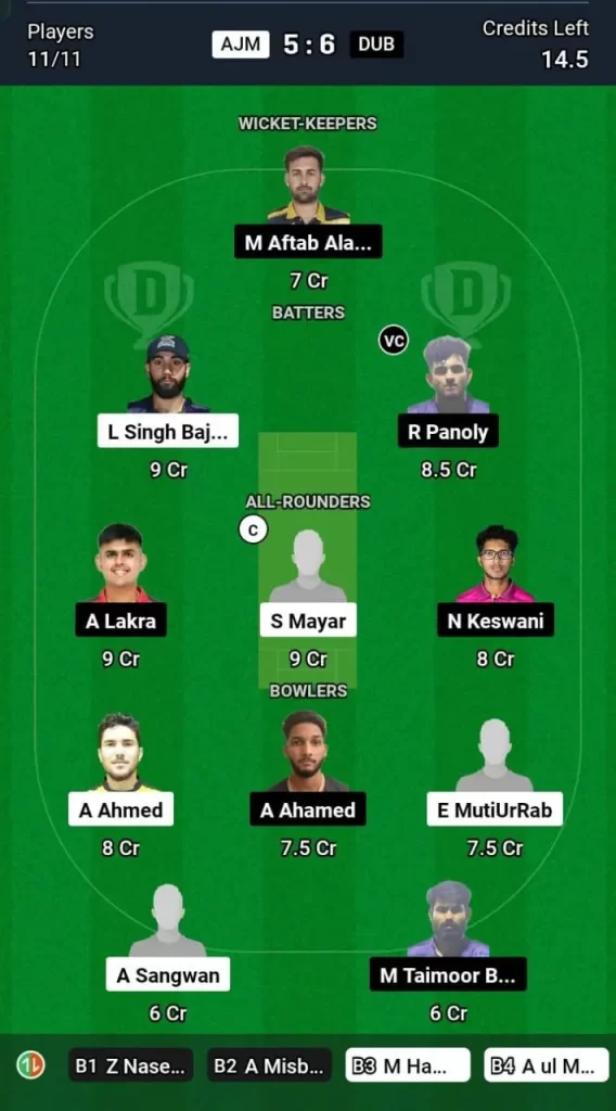 AJM vs DUB Dream11 Team Prediction Today Match