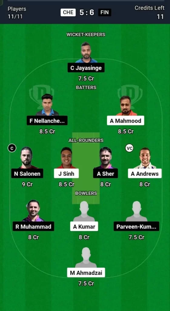 CHE vs FIN Dream11 Team Prediction Today Match